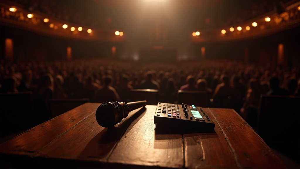Cinematic wide-angle shot of a vibrant festival stage at night, symbolizing the intense debate over dancehall artists headlining major music events.