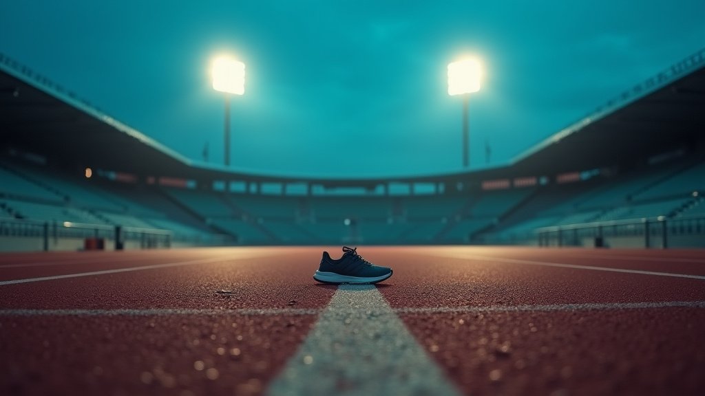 A high school sprinter struggling with an injury on a track during a championship race.