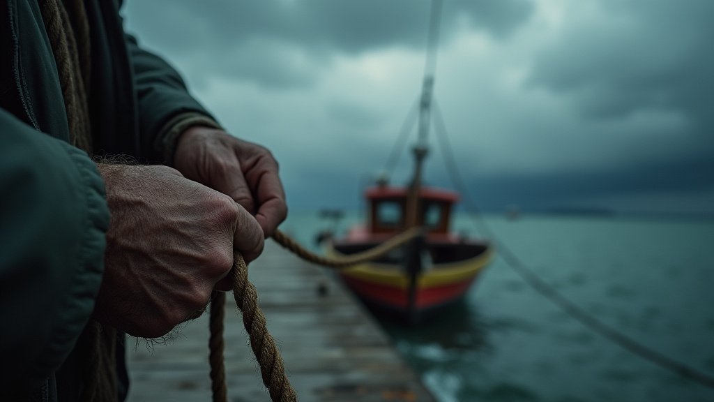 Cinematic wide-angle shot of a fishing boat navigating rough seas under stormy skies, representing the Maritime Authority of Jamaica's warning about hazardous offshore weather.