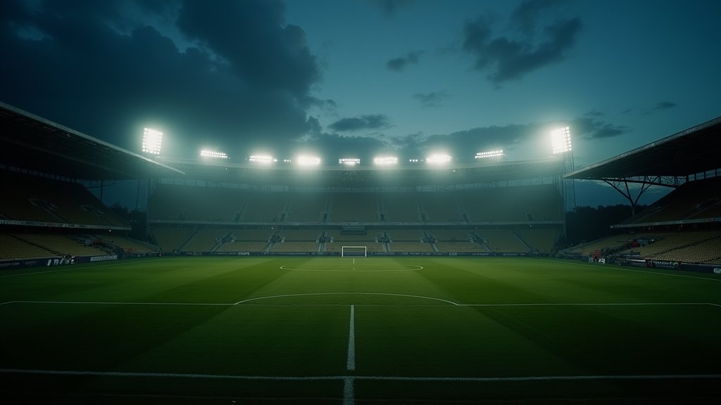 Cinematic wide-angle shot of an empty football stadium at dusk, symbolizing the intense anticipation of the FIFA World Cup 2026 qualifier play-off between Jamaica and New Caledonia.