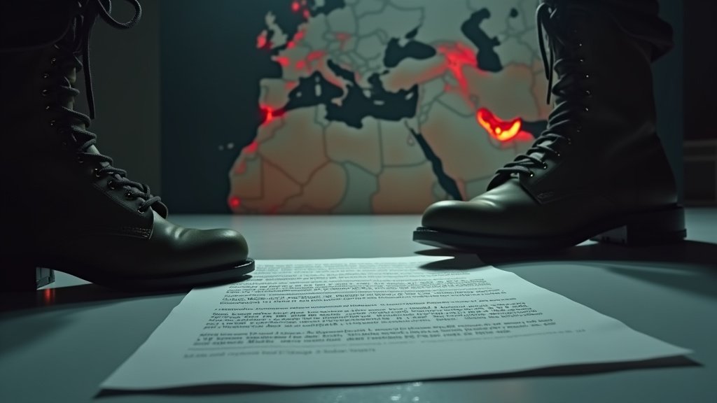 Cinematic wide-angle shot symbolizing the geopolitical tension surrounding the Strait of Hormuz and global oil markets, representing the US-Iran ceasefire negotiations.