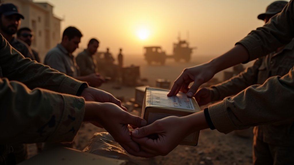 Cinematic wide-angle shot of a military transport plane departing into a hazy Middle Eastern sunset, symbolizing troop deployment and geopolitical tension.
