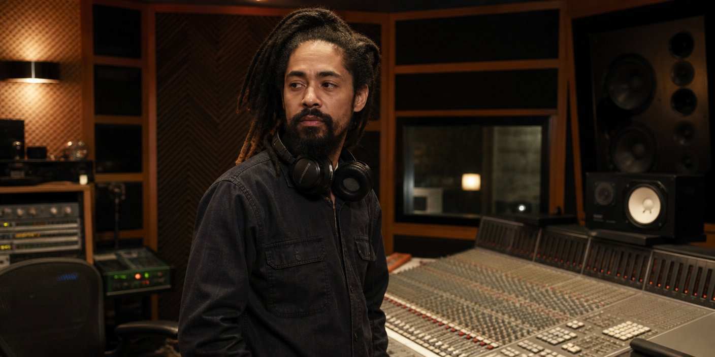Music producer with dreadlocks and a dark denim shirt stands beside a large mixing console in a recording studio looking to the side with headphones around his neck