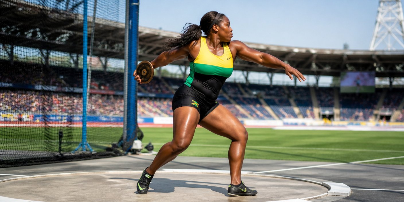 Female track and field hammer thrower wearing Jamaican colors releases the hammer in a stadium