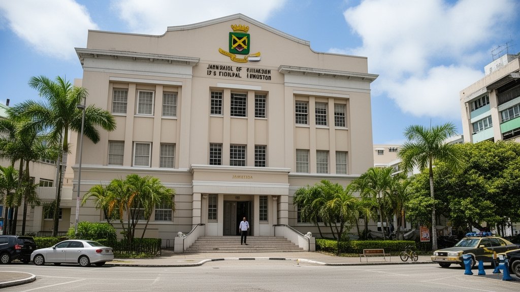 Beige government-style building with a crest at the top, palm trees on both sides, and a person standing on the steps.