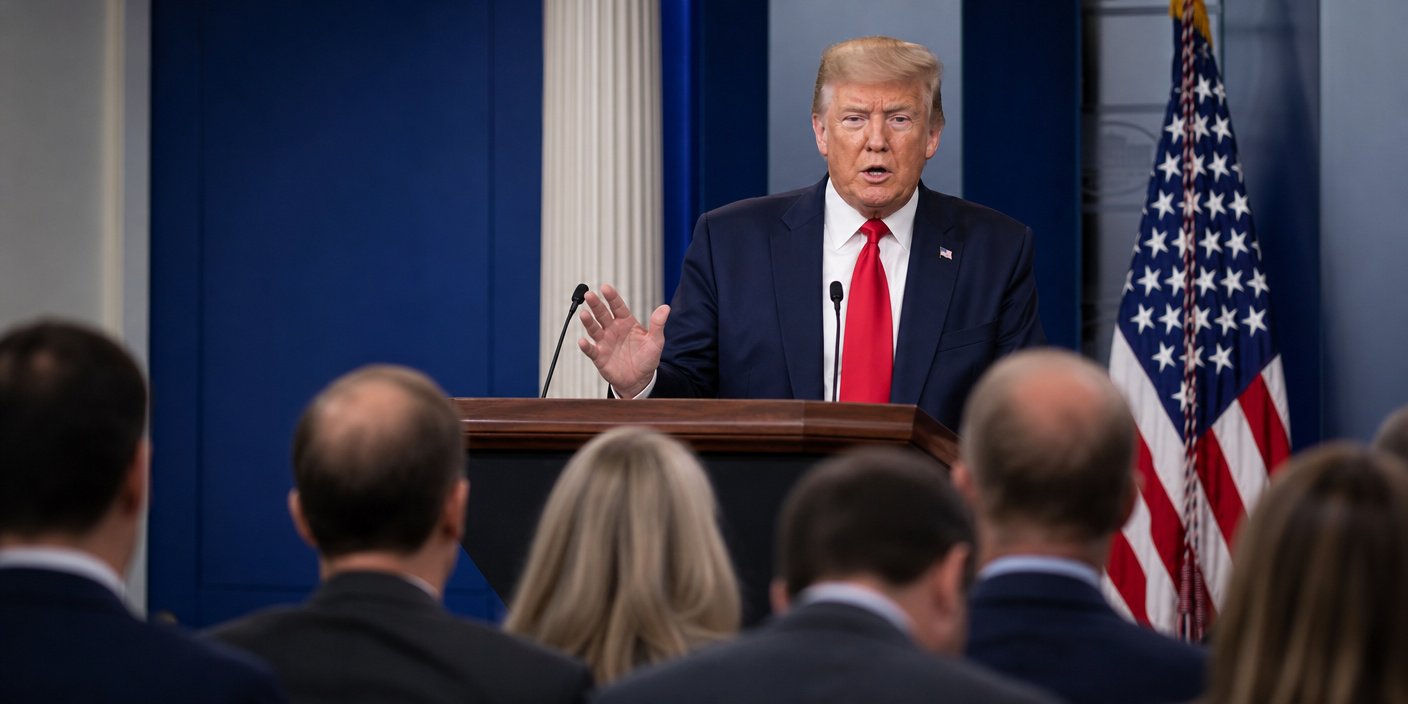 Man in a dark suit and red tie speaks at a wooden podium during a press briefing with an American flag visible in the background and reporters in the foreground
