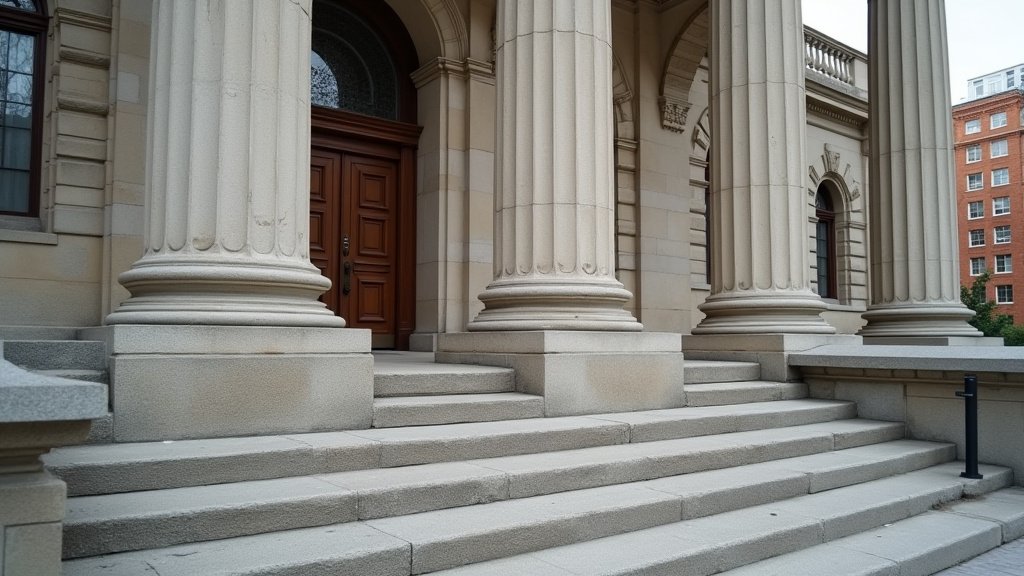 Stone steps lead up to a grand entrance framed by tall fluted columns and a wooden double door behind an arched doorway.