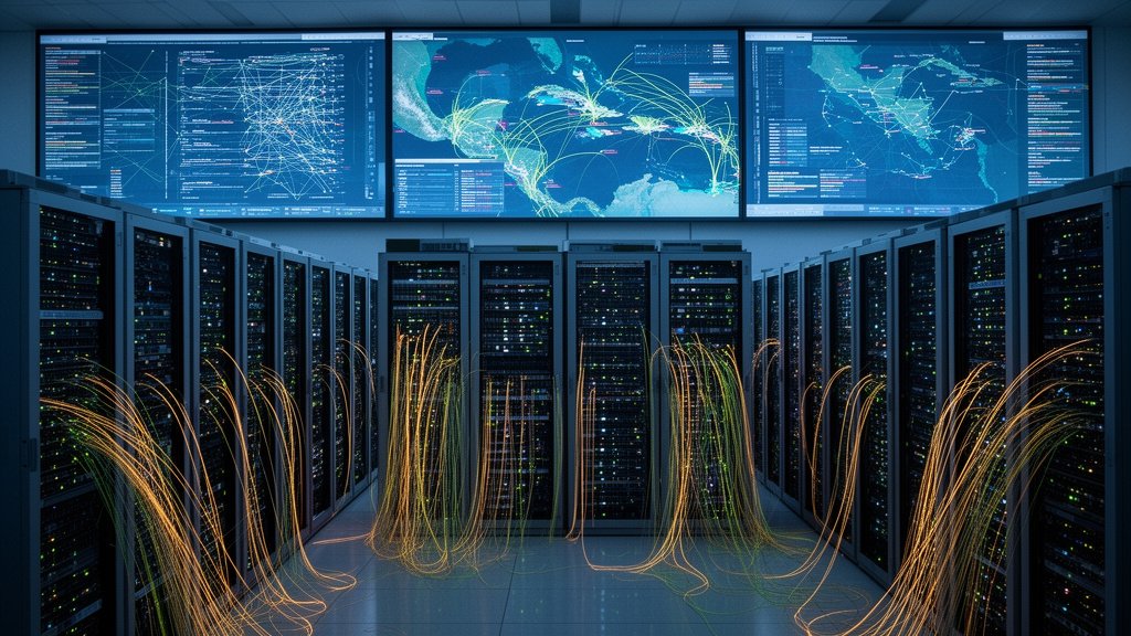 Data center with rows of server racks and orange data streams flowing between them displayed on large monitoring screens