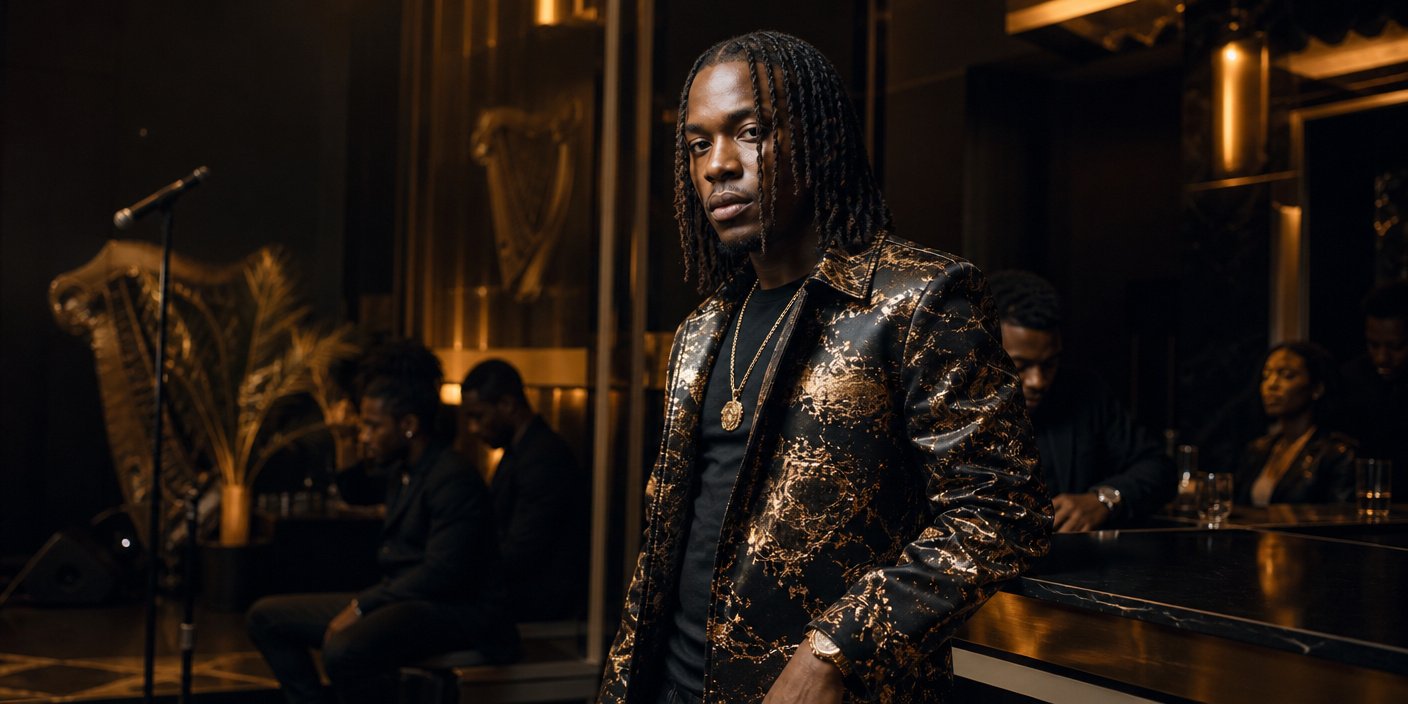 Man wearing a black and gold marble-pattern blazer stands in a dim, warm-lit venue, gold necklace visible and looking at camera.