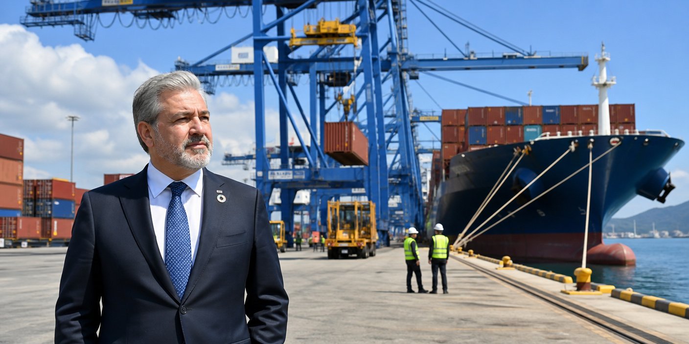 Businessman in a dark suit at a busy shipping port, with stacked containers, blue cranes, and a large cargo ship in the background.