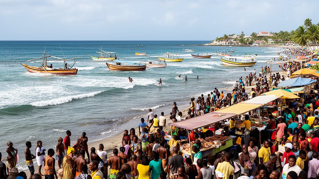 Crowded tropical beach market with colorful stalls along the shore and fishing boats offshore.