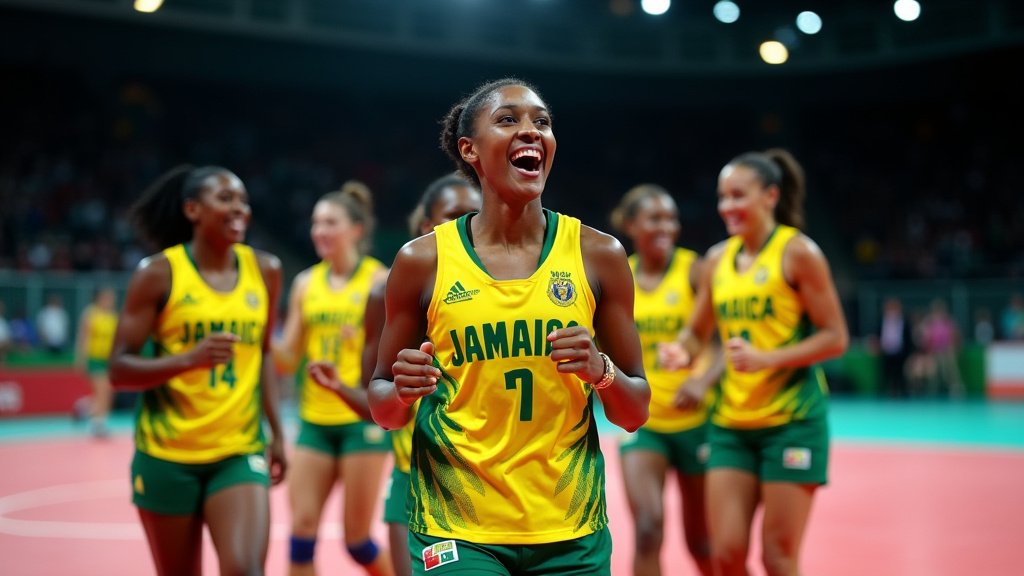 Jamaican women's volleyball team celebrating on an indoor court, foreground player wearing number 7 smiles with fists slightly raised, teammates behind her.